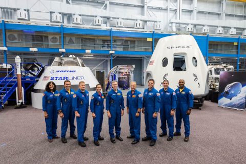 NASA introduced to the world on Aug. 3, 2018, the first U.S. astronauts who will fly on American-made, commercial spacecraft to and from the International Space Station – an endeavor that will return astronaut launches to U.S. soil for the first time since the space shuttle’s retirement in 2011. The astronauts are, from left to right: Sunita Williams, Josh Cassada, Eric Boe, Nicole Mann, Christopher Ferguson, Douglas Hurley, Robert Behnken, Michael Hopkins and Victor Glover. (NASA)