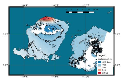 Scientists with NASA/Caltech's Advanced Rapid Imaging and Analysis project (ARIA) used new satellite data to produce a map of ground deformation on the resort island of Lombok, Indonesia following a deadly, 6.9 magnitude earthquake on August 5th. (NASA/JPL-Caltech/Copernicus/ESA)