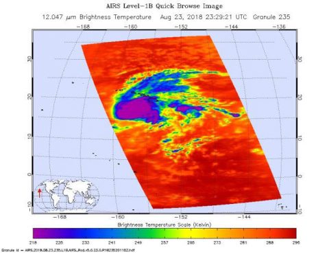 This image shows Hurricane Lane as observed by the Atmospheric Infrared Sounder (AIRS) instrument on NASA's Aqua satellite on Thursday, August 23rd. (NASA/JPL-Caltech)