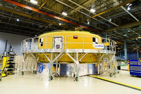 The first major piece of core stage hardware for NASA's Space Launch System rocket has been assembled and is ready to be joined with other hardware for Exploration Mission-1. The forward skirt will connect the upper part of the rocket to the core stage and house many of the flight computers, or avionics. (NASA/Eric Bordelon)