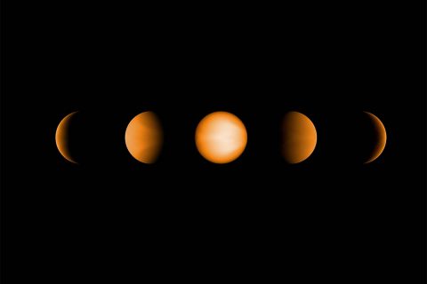 These simulated views of the ultrahot Jupiter WASP-121b show what the planet might look like to the human eye from five different vantage points, illuminated to different degrees by its parent star. The images were created using a computer simulation being used to help scientists understand the atmospheres of these ultra-hot planets. (NASA/JPL-Caltech/Vivien Parmentier/Aix-Marseille University (AMU)) These simulated views of the ultrahot Jupiter WASP-121b show what the planet might look like to the human eye from five different vantage points, illuminated to different degrees by its parent star. The images were created using a computer simulation being used to help scientists understand the atmospheres of these ultra-hot planets. (NASA/JPL-Caltech/Vivien Parmentier/Aix-Marseille University (AMU))