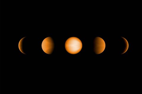 These simulated views of the ultrahot Jupiter WASP-121b show what the planet might look like to the human eye from five different vantage points, illuminated to different degrees by its parent star. The images were created using a computer simulation being used to help scientists understand the atmospheres of these ultra-hot planets. (NASA/JPL-Caltech/Vivien Parmentier/Aix-Marseille University (AMU))