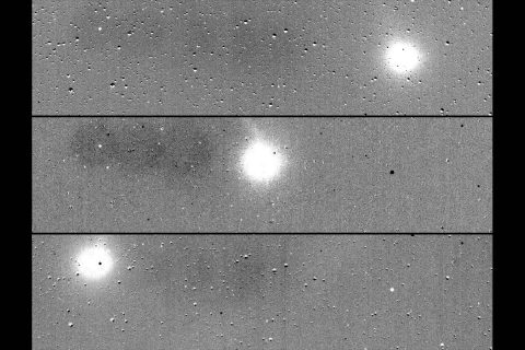 These three images are from a sequence compiled from a series of images taken on July 25th by the Transiting Exoplanet Survey Satellite. The angular extent of the widest field of view is six degrees. Visible in the images are the comet C/2018 N1, asteroids, variable stars, asteroids and reflected light from Mars. TESS is expected to find thousands of planets around other nearby stars. (Massachusetts Institute of Technology/NASA’s Goddard Space Flight Center)