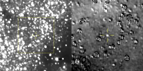 The figure on the left is a composite image produced by adding 48 different exposures from the News Horizons Long Range Reconnaissance Imager (LORRI), each with an exposure time of 29.967 seconds, taken on Aug. 16, 2018. The predicted position of the Kuiper Belt object nicknamed Ultima Thule is at the center of the yellow box, and is indicated by the yellow crosshairs, just above and left of a nearby star that is approximately 17 times brighter than Ultima. At right is a magnified view of the region in the yellow box. (NASA/JHUAPL/SwRI)