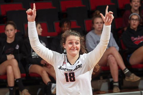 Austin Peay Women's Volleyball sophomore Caroline Waite had 6 assists and a service ace in Govs win over Alabama A&M Tuesday night. (Robert Smith, APSU Sports Information)