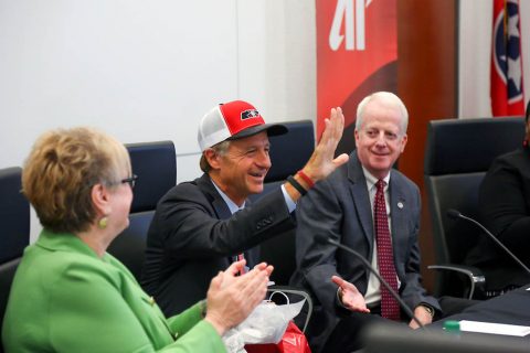 Austin Peay State University President Alisa White and Board Chair Mike O’Malley present Tennessee Governor Bill Haslam with an APSU hat.