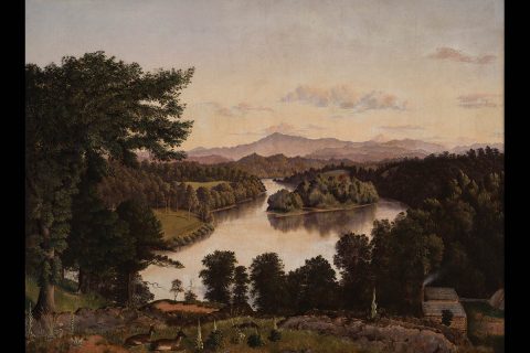 Belle Isle from Lyon's View, a view along the Tennessee River at Knoxville, by James Cameron, 1861. Oil on Canvas. On exhibit in the Tennessee State's Museum as part of its Permanent Exhibitions. 