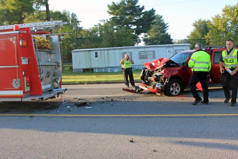 2009 Nissan SUV crashed into the side of a Fire Truck on Tiny Town Road this morning. (CPD Officer Szczerbiak)