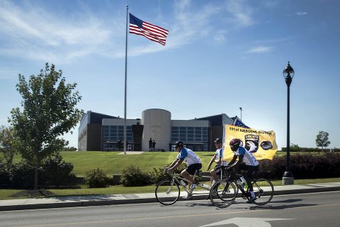 Participants ride the final stretch past the 101st Airborne Division (Air Assault) Headquarters on the way to the finish line during a previous Bluegrass Rendezvous Bike Ride in 2015. This week Soldiers from Fort Campbell's Warrior Transition Battalion will complete a 200-mile bike ride on and around Fort Campbell Thursday, September 27th and Friday, September 28th. The endurance ride is one of many adaptive reconditioning outreach opportunities for wounded, ill and injured Soldiers to get involved in as they recover and restore their health at the WTB. (U.S. Army photo by David Gillespie)