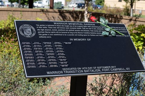 A new plaque with the names of the 37 Soldiers who fought their final battle at the Warrior Transition Battalion was unveiled during a ceremony in the battalion’s Eagle Warrior Memorial Garden Sept. 13. WTB staff welcomed Gold Star Families to the annual breakfast and garden rededication to honor the memories of its fallen Soldiers and reconnect with its Gold Star Families. (U.S. Army photo by Sgt. 1st Class Rhonda Valenzuela)