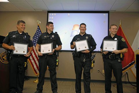 (L to R) Clarksville Police Officer William Becker, Officer Adam Post, Officer Michael Ciupka and Officer Morgan Baker. (L to R) Clarksville Police Officer William Becker, Officer Adam Post, Officer Michael Ciupka and Officer Morgan Baker.