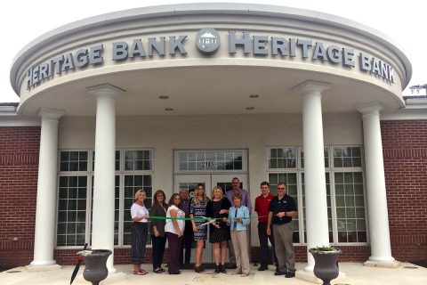 Clarksville Montgomery County Green Ribbon Cutting for Heritage Bank. (L to R) Melinda Shepard, Rose Melton, Barbara Clifton, David Graham, Amber Empson, Kasey Bright, Mayor Kim McMillan, Doug Jones, Chase Clark, Scott Sandridge.