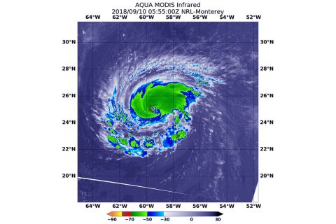 At 12:55am CDT (0555 UTC) on September 10th, the MODIS instrument aboard NASA’s Aqua satellite looked at Hurricane Florence in infrared light. MODIS found coldest cloud tops (red) had temperatures near minus 70 degrees Fahrenheit (minus 56.6 degrees Celsius) in the northern and western eyewall. (NASA/NRL)