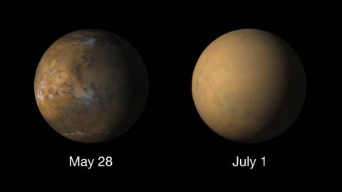 Globes from May 28th and July 1st show a global dust storm completely obscuring the surface of Mars. (NASA/JPL-Caltech/MSSS)