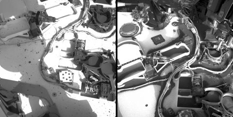 The left photo shows the deck of the Curiosity rover, on sol (Martian day) 36, or Sept. 10, 2012, which was about a month into its mission on Mars. The deck is clean, save for a few particles and a shadow of the MastCam, which snapped the photo. The photo on the right, taken on sol 2,068, or May 31, 2018, shows dirt particles, powder and dust on the rover deck, surrounding an actuator.(NASA/JPL-Caltech) The left photo shows the deck of the Curiosity rover, on sol (Martian day) 36, or Sept. 10, 2012, which was about a month into its mission on Mars. The deck is clean, save for a few particles and a shadow of the MastCam, which snapped the photo. The photo on the right, taken on sol 2,068, or May 31, 2018, shows dirt particles, powder and dust on the rover deck, surrounding an actuator.(NASA/JPL-Caltech)