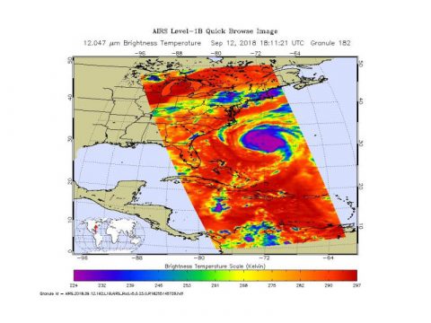 This image shows Hurricane Florence in infrared light, and was taken at 12:35pm CT on Wednesday, September 12th, 2018 by the Atmospheric Infrared Sounder (AIRS) on board NASA's Aqua satellite. Florence underwent rapid intensification from Category 2 to Category 4 yesterday and was a Category 3 storm as of Wednesday evening. (NASA/JPL-Caltech)