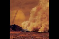 Artist’s concept of a dust storm on Titan. (IPGP/Labex UnivEarthS/University Paris Diderot – C. Epitalon & S. Rodriguez)