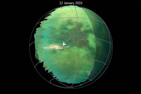 Images captured by the Visual and Infrared Mapping Spectrometer (VIMS) on NASA's Cassini mission during several Titan flybys in 2009 and 2010, shows clear bright spot that have been interpreted as evidence of dust storms. (NASA/JPL-Caltech/University of Arizona/University Paris Diderot/IPGP/S. Rodriguez et al. 2018)