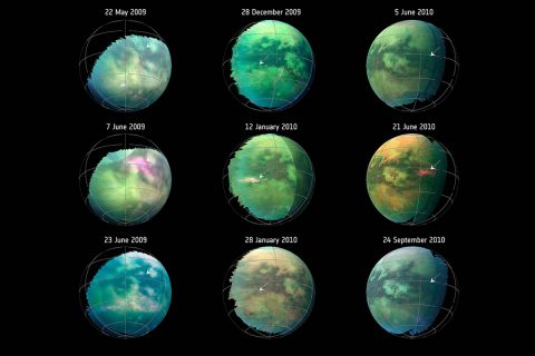 This compilation of images from nine Cassini flybys of Titan in 2009 and 2010 captures three instances when clear bright spots suddenly appeared in images taken by the spacecraft's Visual and Infrared Mapping Spectrometer. (NASA/JPL-Caltech/University of Arizona/University Paris Diderot/IPGP/S. Rodriguez et al. 2018)