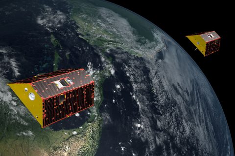 Artist's illustration of the NASA/German Research Centre for Geosciences Gravity Recovery and Climate Experiment Follow-On (GRACE-FO) mission, which will track changes in the distribution of Earth's mass, providing insights into climate, Earth system processes and the impacts of some human activities. (NASA/JPL-Caltech) Artist's illustration of the NASA/German Research Centre for Geosciences Gravity Recovery and Climate Experiment Follow-On (GRACE-FO) mission, which will track changes in the distribution of Earth's mass, providing insights into climate, Earth system processes and the impacts of some human activities. (NASA/JPL-Caltech)