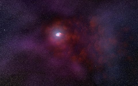 This is an illustration of a pulsar wind nebula produced by the interaction of the outflow particles from the neutron star with gaseous material in the interstellar medium that the neutron star is plowing through. Such an infrared-only pulsar wind nebula is unusual because it implies a rather low energy of the particles accelerated by the pulsar’s intense magnetic field. (NASA, ESA, and N. Tr’Ehnl (Pennsylvania State University)) This is an illustration of a pulsar wind nebula produced by the interaction of the outflow particles from the neutron star with gaseous material in the interstellar medium that the neutron star is plowing through. Such an infrared-only pulsar wind nebula is unusual because it implies a rather low energy of the particles accelerated by the pulsar’s intense magnetic field. (NASA, ESA, and N. Tr’Ehnl (Pennsylvania State University))