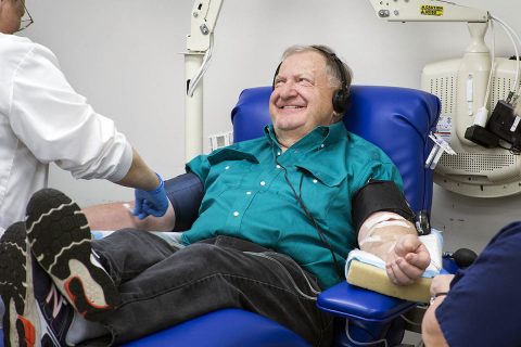 Dennis Clapper donates platelets at a Blood Donation Center. He started giving whole blood in the 1960s and switched to giving platelets in the late 1970s. (Amanda Romney, American Red Cross)