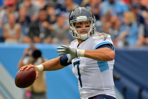 Tennessee Titans quarterback Blaine Gabbert (7) passes against the Houston Texans during the first half at Nissan Stadium on September 16th, 2018. (Jim Brown-USA TODAY Sports)