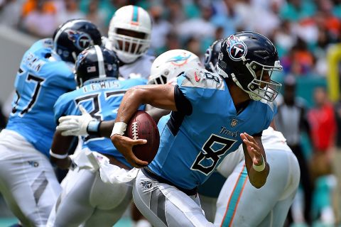 Tennessee Titans quarterback Marcus Mariota (8) rushes with the ball against the Miami Dolphins during the first half at Hard Rock Stadium. (Jasen Vinlove-USA TODAY Sports)