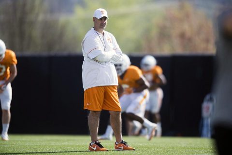 Tennessee head coach Jeremy Pruitt watches during a Vols football practice at University of Tennessee. (Caitie McMekin/Knoxville News Sentinel via USA TODAY NETWORK)