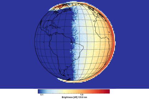 First light data from GOLD was captured at 6 a.m. local time, near sunrise in eastern South America, and shows the ultraviolet atomic oxygen emission from Earth’s upper atmosphere. Colors correspond to emission brightness, with the strongest in red and the weakest in blue. The emission is produced at altitudes around 100 miles above the surface (note how it extends above Earth’s surface on the horizon), when Earth’s upper atmosphere absorbs high energy photons and particles. (NASA/LASP/GOLD) First light data from GOLD was captured at 6 a.m. local time, near sunrise in eastern South America, and shows the ultraviolet atomic oxygen emission from Earth’s upper atmosphere. Colors correspond to emission brightness, with the strongest in red and the weakest in blue. The emission is produced at altitudes around 100 miles above the surface (note how it extends above Earth’s surface on the horizon), when Earth’s upper atmosphere absorbs high energy photons and particles. (NASA/LASP/GOLD)
