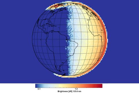 First light data from GOLD was captured at 6 a.m. local time, near sunrise in eastern South America, and shows the ultraviolet atomic oxygen emission from Earth’s upper atmosphere. Colors correspond to emission brightness, with the strongest in red and the weakest in blue. The emission is produced at altitudes around 100 miles above the surface (note how it extends above Earth’s surface on the horizon), when Earth’s upper atmosphere absorbs high energy photons and particles. (NASA/LASP/GOLD)