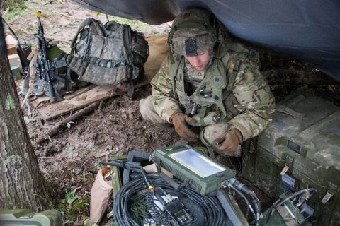 A Soldier from the 39th Brigade Engineer Battalion “Bullstrike,” 2nd Brigade Combat Team “Strike,” operates the remote control unit for the company defense as part of the Spider Increment 1A networked munition system operational test at Fort Campbell, KY. The U.S. Army Operational Test Command (USAOTC), based at West Fort Hood, Texas is conducting the Spider Increment 1A Initial Operational Test (IOT) to collect data to inform senior Army leaders on how effective, suitable, and reliable this Spider increment will be during real-world operations. (Mr. Tad Browning, U.S. Army Operational Test Command) 