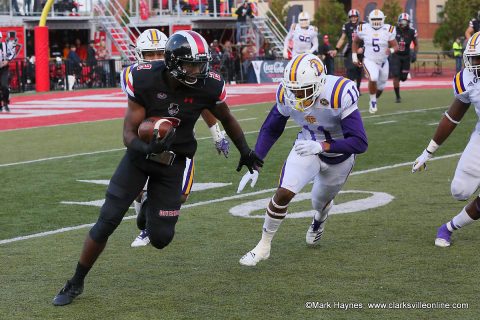 Austin Peay Football wide receiver Baniko Harley caught three passes for 86 yards and two touchdowns Saturday against Tennessee Tech at Forteara Stadium.