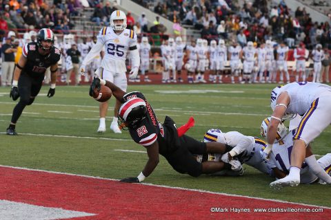 Austin Peay Football running back Prince Momodu stretches the ball out over the goal line for a touchdown against Tennessee Tech Saturday. Austin Peay Football running back Prince Momodu stretches the ball out over the goal line for a touchdown against Tennessee Tech Saturday.