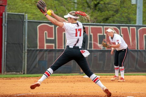 Austin Peay Women's Softball sophomore Kelsey Gross throws shutout to power Red Team to victory Friday. (APSU Sports Information)