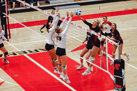 Austin Peay Women's Volleyball records seasaon high tying 14 blocks in win over Jacksonville State at the Dunn Center Friday night. (APSU Sports Information)