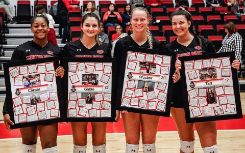 Austin Peay Volleyball seniors Logan Carger, Cecily Gable, Kristen Stucker, and Kaylee Taff were honored before the start of the match. (APSU Sports Information)