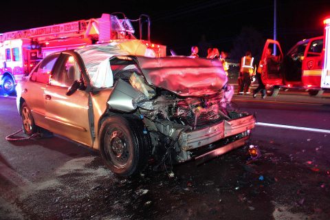 A Chevy Cavalier crashed into a stopped Ford F350 on US 79N Wednesday.