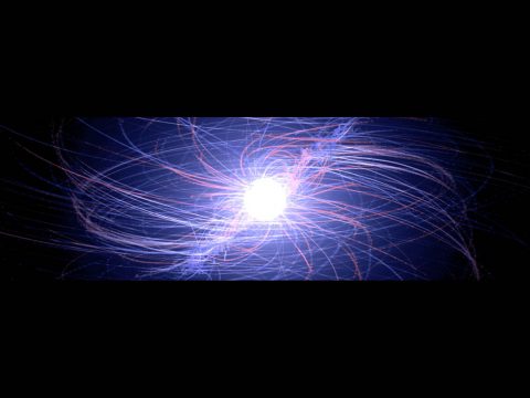 Electrons (blue) and positrons (red) from a computer-simulated pulsar. These particles become accerlated to extreme energies in a pulsar's powerful magnetic and electric fields; lighter tracks show particles with higher energies. Each particle seen here actually represents trillions of electrons or positrons. (NASA's Goddard Space Flight Center) Electrons (blue) and positrons (red) from a computer-simulated pulsar. These particles become accerlated to extreme energies in a pulsar's powerful magnetic and electric fields; lighter tracks show particles with higher energies. Each particle seen here actually represents trillions of electrons or positrons. (NASA's Goddard Space Flight Center)