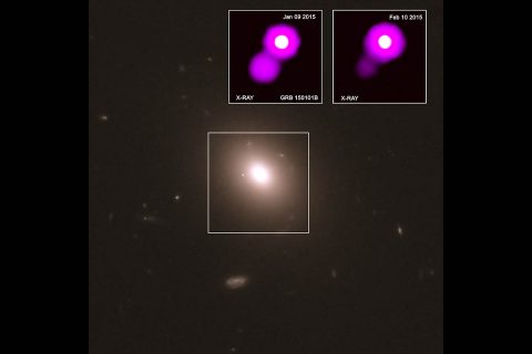 A distant cosmic relative to the first source that astronomers detected in both gravitational waves and light may have been discovered. This object, called GRB150101B, was first detected by identified as a gamma ray burst (GRB) by the NASA’s Fermi satellite in January 2015. (X-ray: NASA/CXC/GSFC/UMC/E. Troja et al.; Optical and infrared: NASA/STScI)