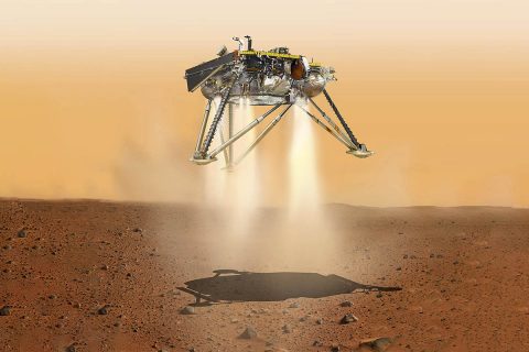 This is an illustration showing a simulated view of NASA's InSight lander about to land on the surface of Mars. This view shows the underside of the spacecraft. (NASA/JPL-Caltech)