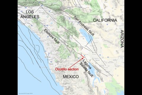 The approximate location of the newly mapped Ocotillo section, which ties together California's Elsinore fault and Mexico's Laguna Salada fault into one continuous fault system. (NASA/JPL-Caltech)