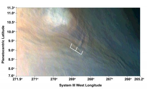 Three waves can be seen in this excerpt of a JunoCam image taken on Feb. 2, 2017, during Juno's fourth flyby of Jupiter. The region imaged in this picture is part of the visibly dark band just north of Jupiter's equator known as the North Equatorial Belt. (NASA/JPL-Caltech/SwRI/MSSS/JunoCam)