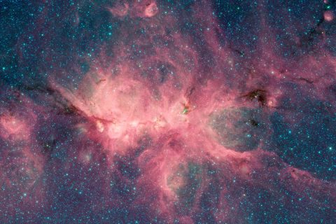 The Cat's Paw Nebula, imaged here by NASA's Spitzer Space Telescope using the IRAC instrument, is a star-forming region inside the Milky Way Galaxy. The dark filament running through the middle of the nebula is a particularly dense region of gas and dust. (NASA/JPL-Caltech) 