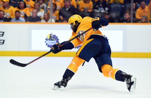 Nashville Predators defenseman P.K. Subban (76) attempts a shot during the second period against the Calgary Flames at Bridgestone Arena. (Christopher Hanewinckel-USA TODAY Sports)