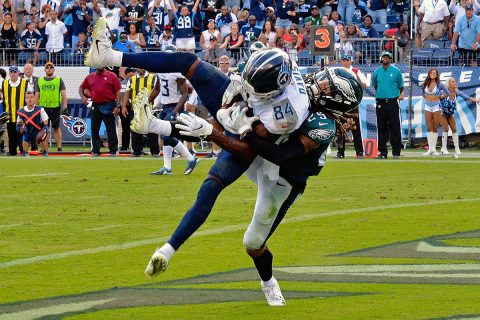 Tennessee Titans wide receiver Corey Davis (84) catches a pass against Philadelphia Eagles cornerback Avonte Maddox (29) for a touchdown to win the game 26-23 during overtime at Nissan Stadium on September 20th, 2018. (Jim Brown-USA TODAY Sports) Tennessee Titans wide receiver Corey Davis (84) catches a pass against Philadelphia Eagles cornerback Avonte Maddox (29) for a touchdown to win the game 26-23 during overtime at Nissan Stadium on September 20th, 2018. (Jim Brown-USA TODAY Sports)