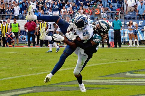 Tennessee Titans wide receiver Corey Davis (84) catches a pass against Philadelphia Eagles cornerback Avonte Maddox (29) for a touchdown to win the game 26-23 during overtime at Nissan Stadium. (Jim Brown-USA TODAY Sports)