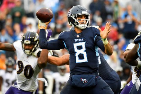 Tennessee Titans quarterback Marcus Mariota (8) attempts a pass during the first half against the Baltimore Ravens at Nissan Stadium. (Christopher Hanewinckel-USA TODAY Sports)