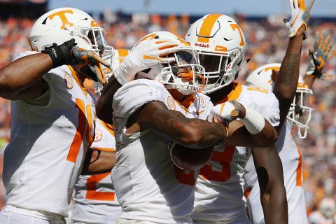 Tennessee Vols defensive back Alontae Taylor (6) celebrates after recovering a fumble for a touchdown during the third quarter against the Auburn Tigers at Jordan-Hare Stadium. (John Reed-USA TODAY Sports)