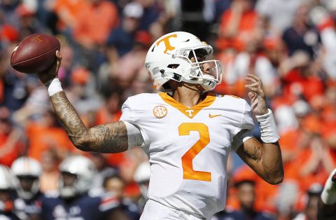 Tennessee Volunteers quarterback Jarrett Guarantano (2) throws a pass against the Auburn Tigers during the second quarter at Jordan-Hare Stadium. (John Reed-USA TODAY Sports)